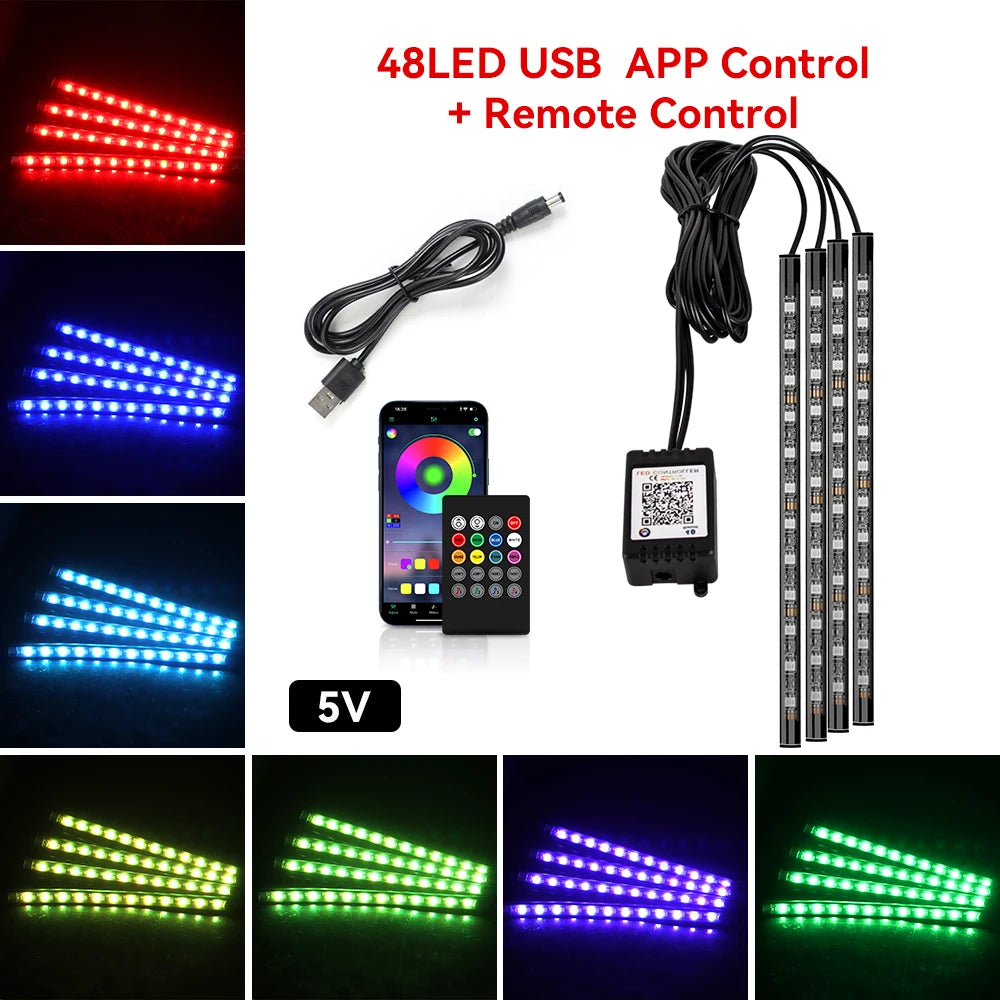 Neon RGB Car Interior Foot Light – USB App & Remote Music Sync