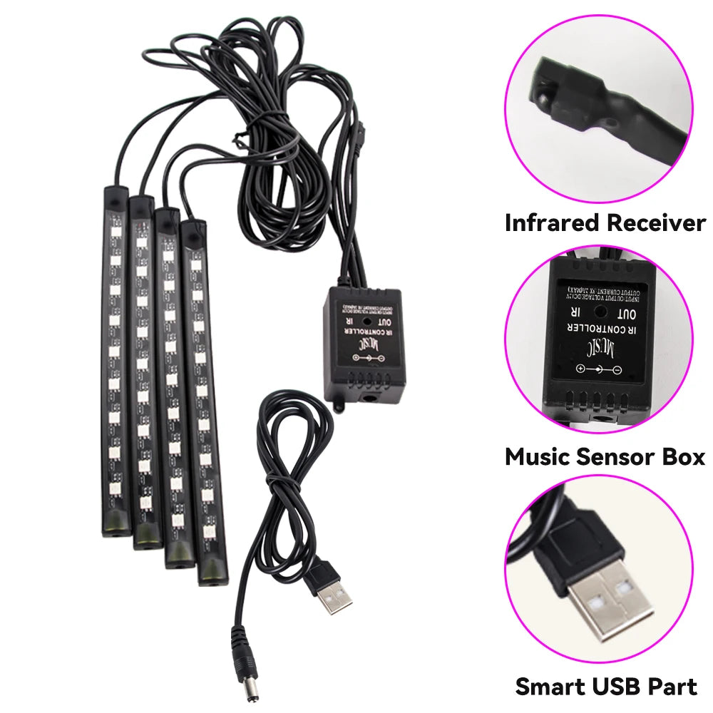 Neon RGB Car Interior Foot Light – USB App & Remote Music Sync