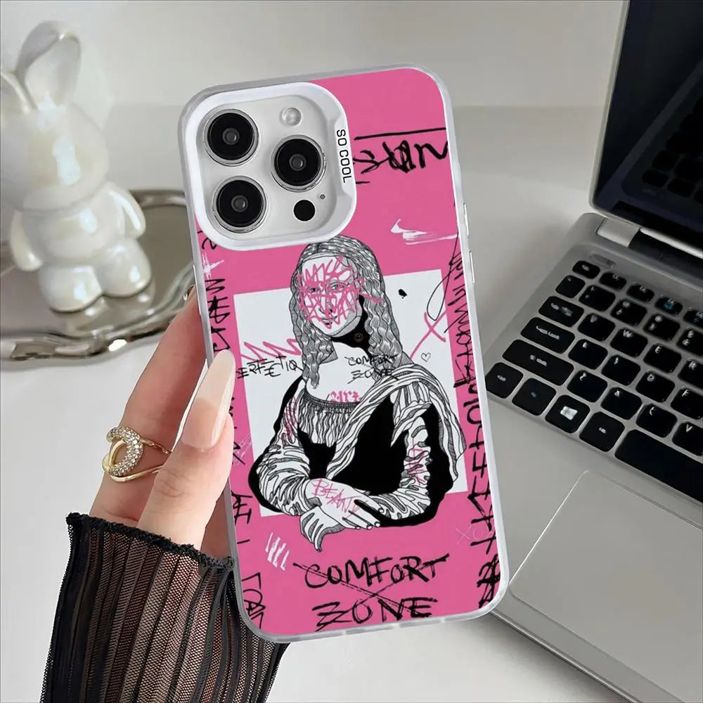 Mona Lisa Graffiti Art Phone Case – Plating Cover for iPhone 12-17 Pro Max