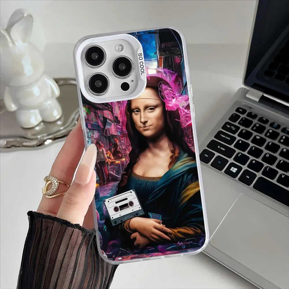 Mona Lisa Graffiti Art Phone Case – Plating Cover for iPhone 12-17 Pro Max