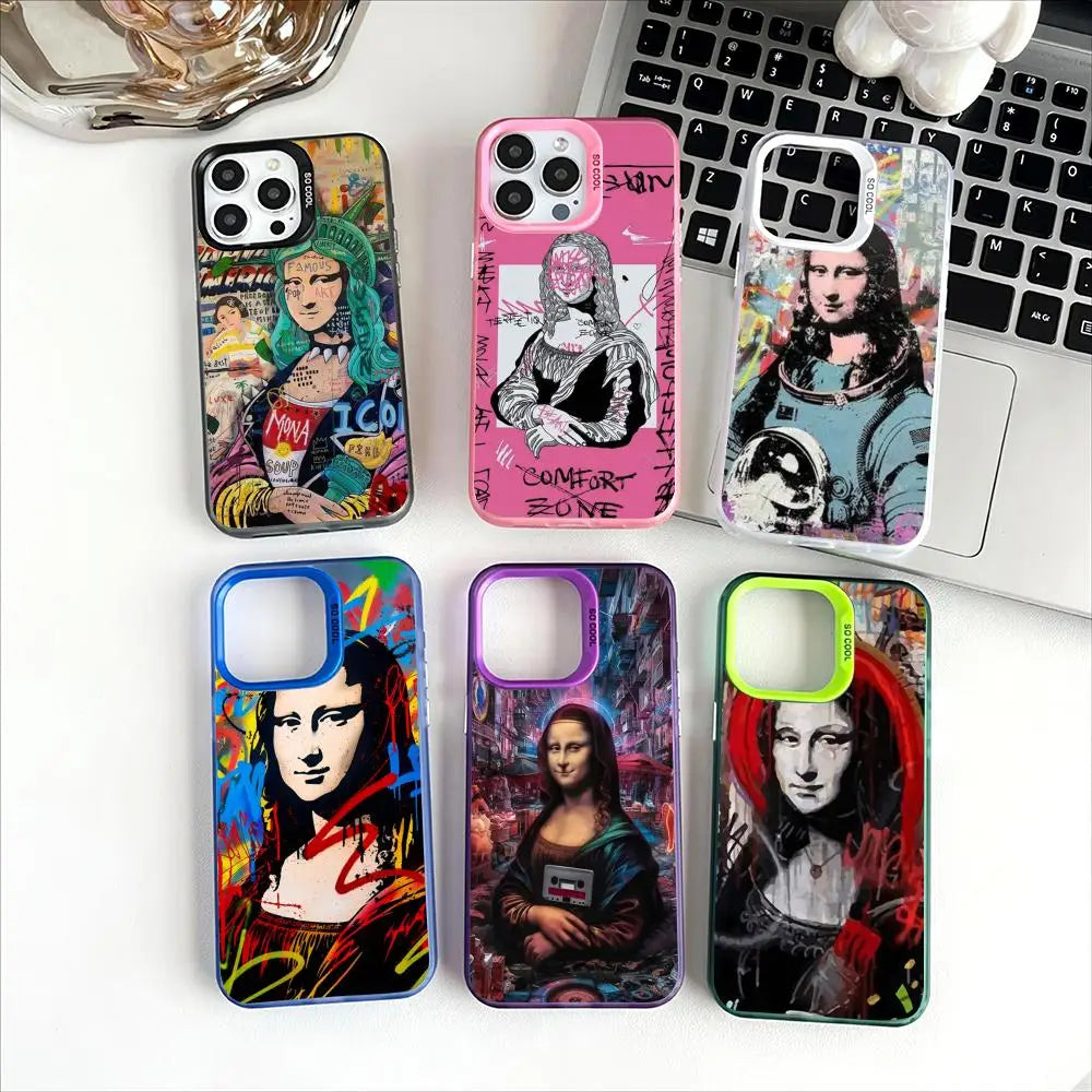 Mona Lisa Graffiti Art Phone Case – Plating Cover for iPhone 12-17 Pro Max