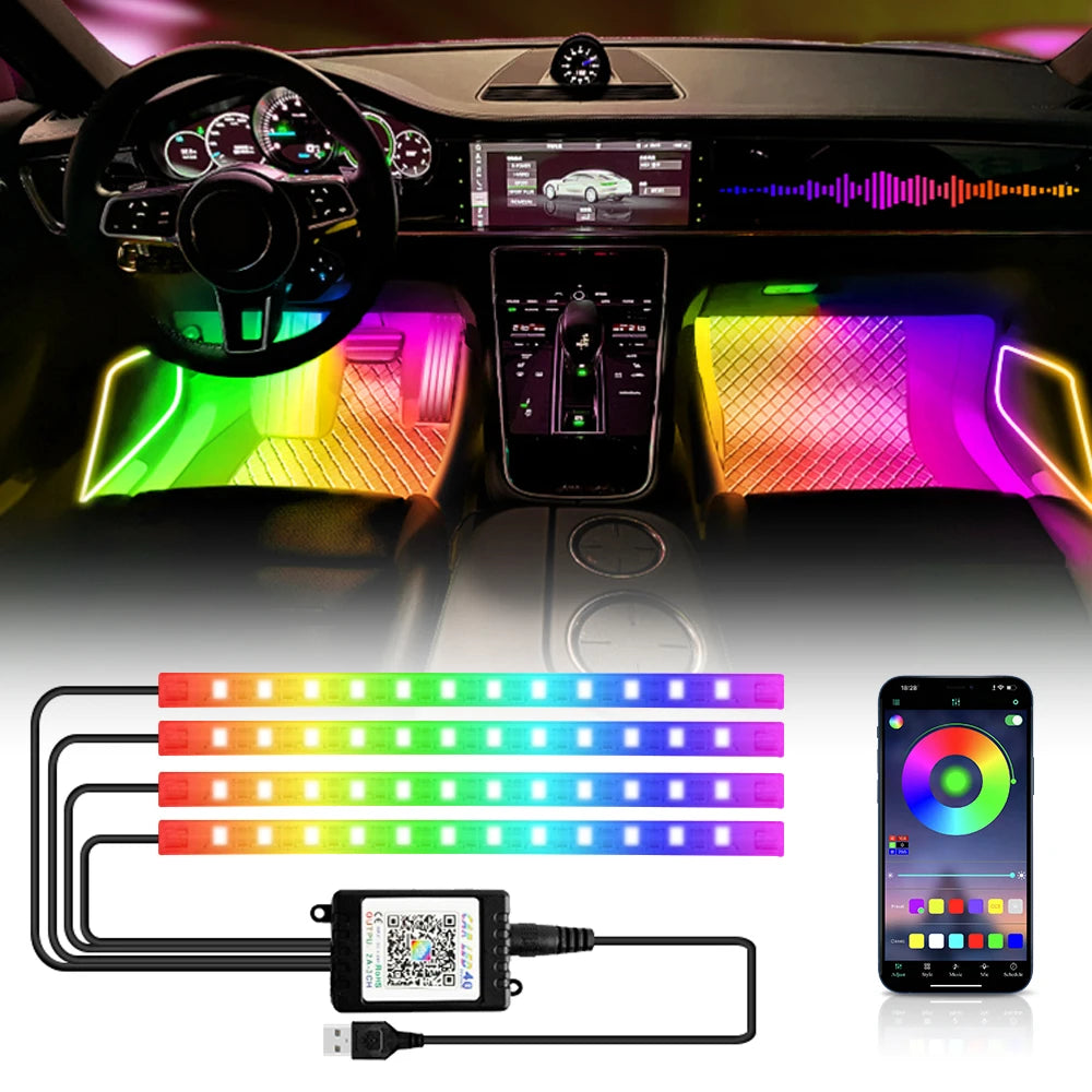 Neon RGB Car Interior Foot Light – USB App & Remote Music Sync