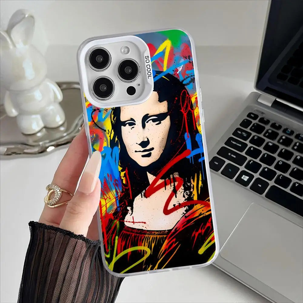 Mona Lisa Graffiti Art Phone Case – Plating Cover for iPhone 12-17 Pro Max