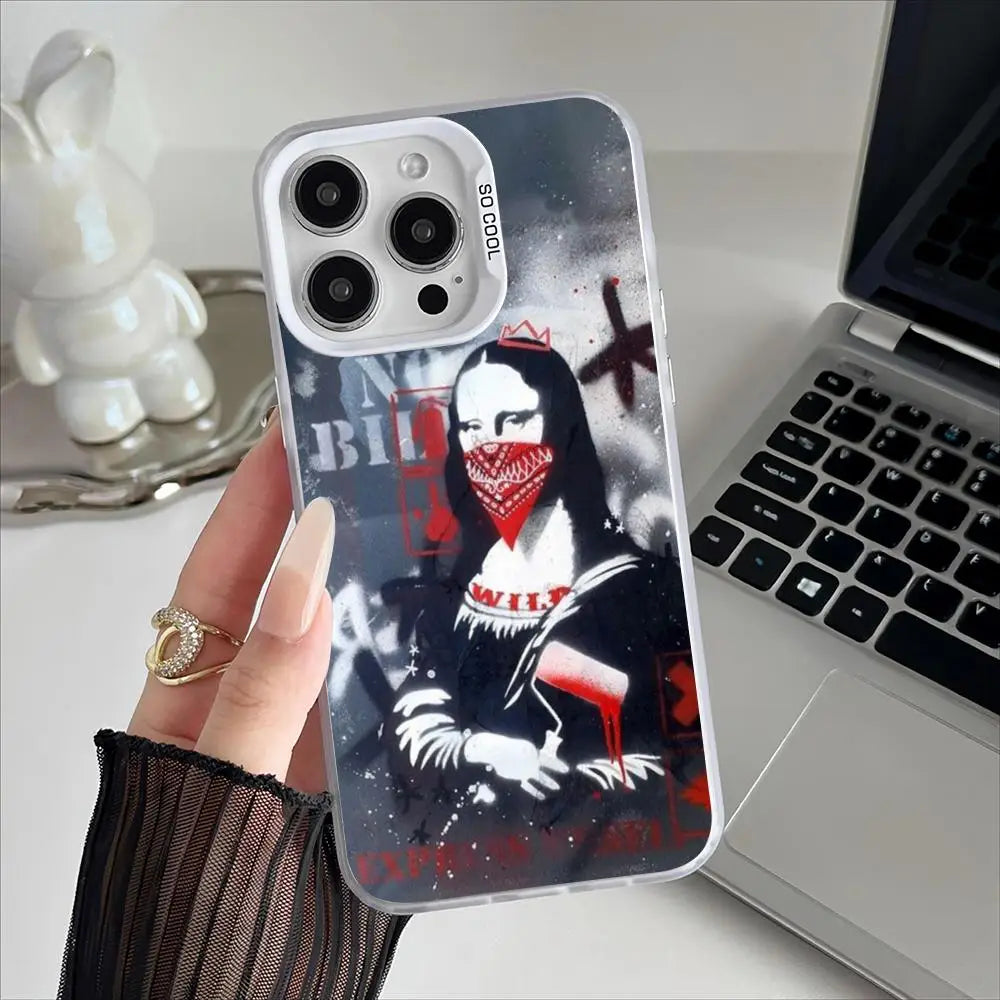 Mona Lisa Graffiti Art Phone Case – Plating Cover for iPhone 12-17 Pro Max