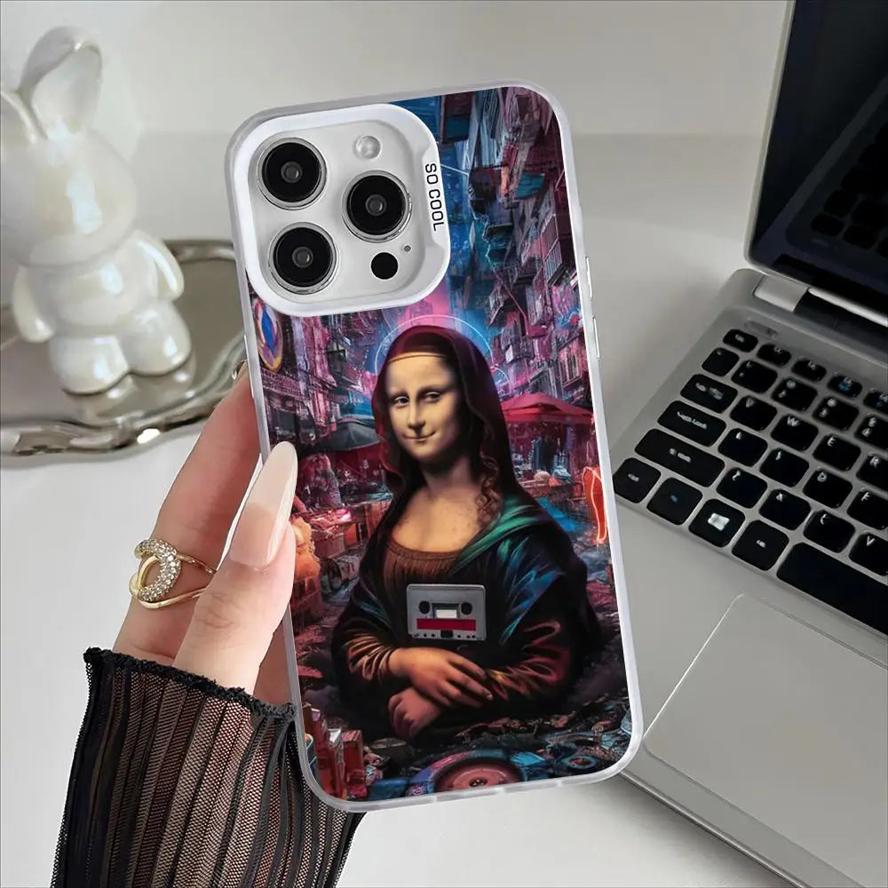 Mona Lisa Graffiti Art Phone Case – Plating Cover for iPhone 12-17 Pro Max