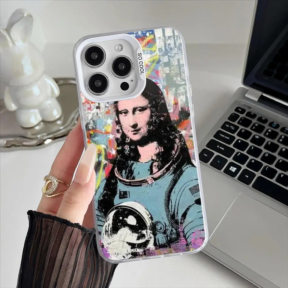 Mona Lisa Graffiti Art Phone Case – Plating Cover for iPhone 12-17 Pro Max
