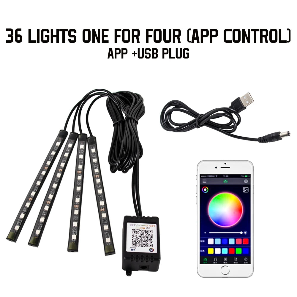 Neon RGB Car Interior Foot Light – USB App & Remote Music Sync