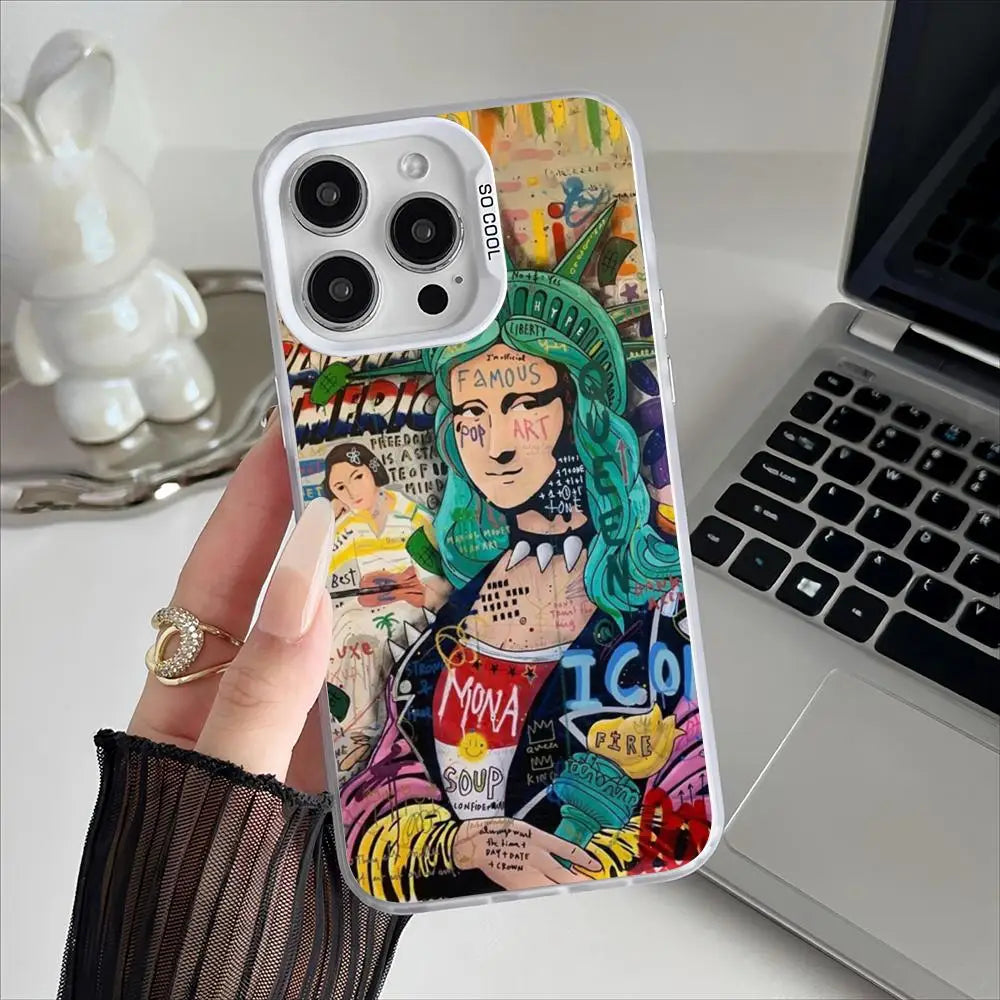 Mona Lisa Graffiti Art Phone Case – Plating Cover for iPhone 12-17 Pro Max